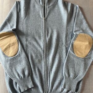Men's Eredi Pisano Light Blue Zip-Up Sweater with Tan Elbow Patches